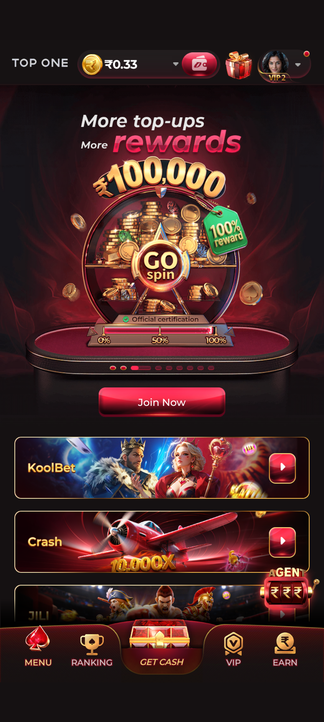 TOP ONE app features dashboard and gaming interface