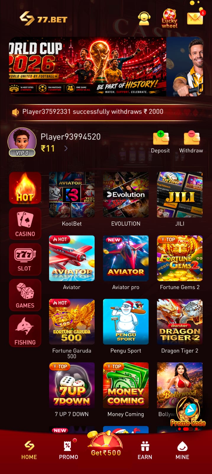 77BET app features interface Android application