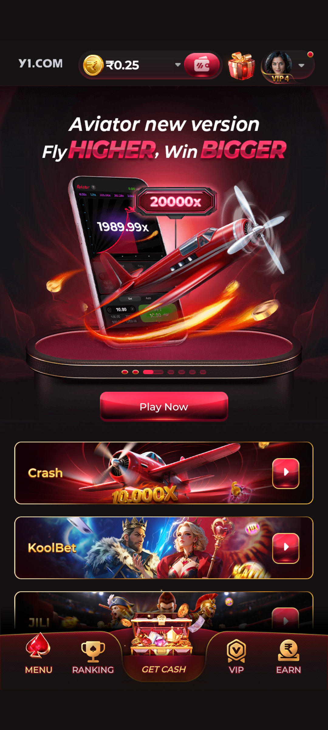 Y1GAME APK home screen dashboard latest version