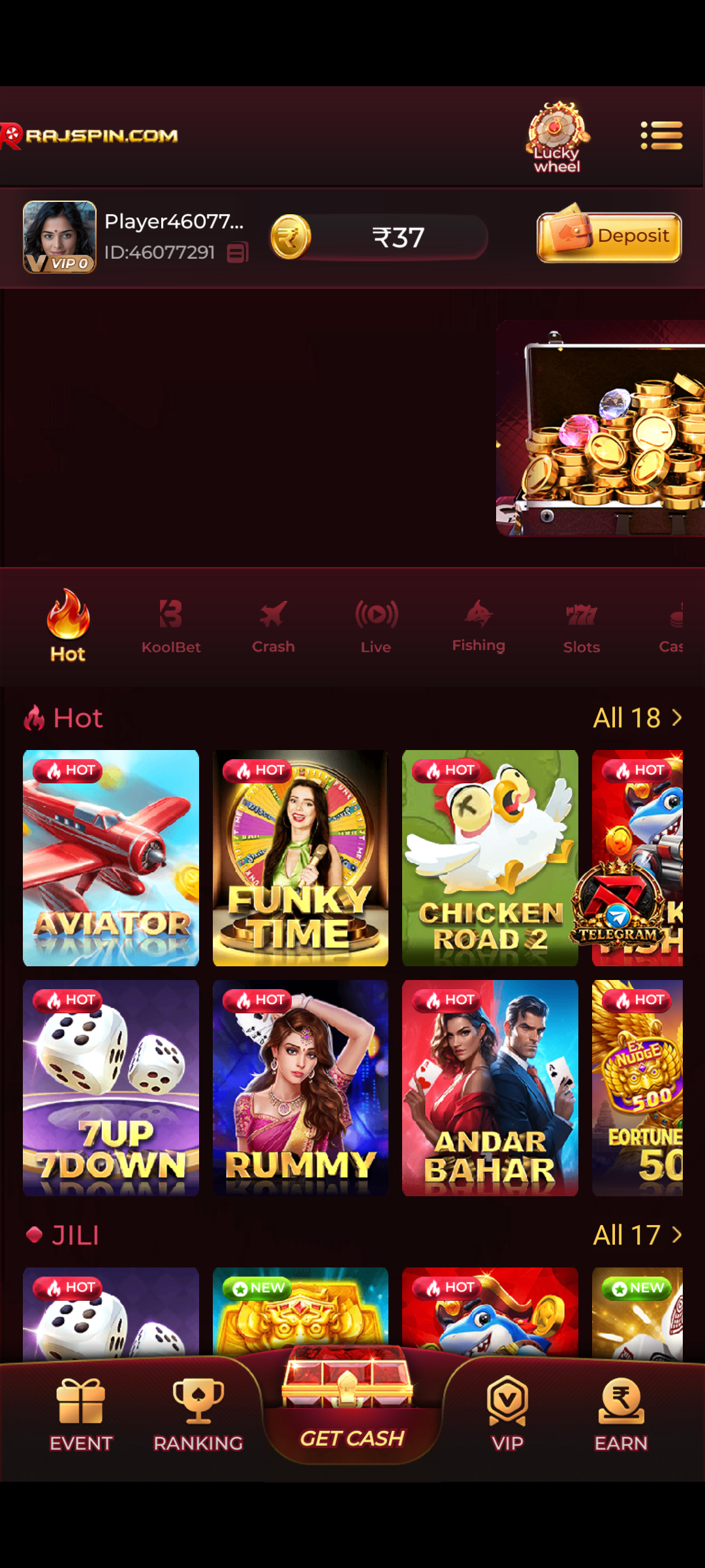 RAJSPIN game home screen and main dashboard