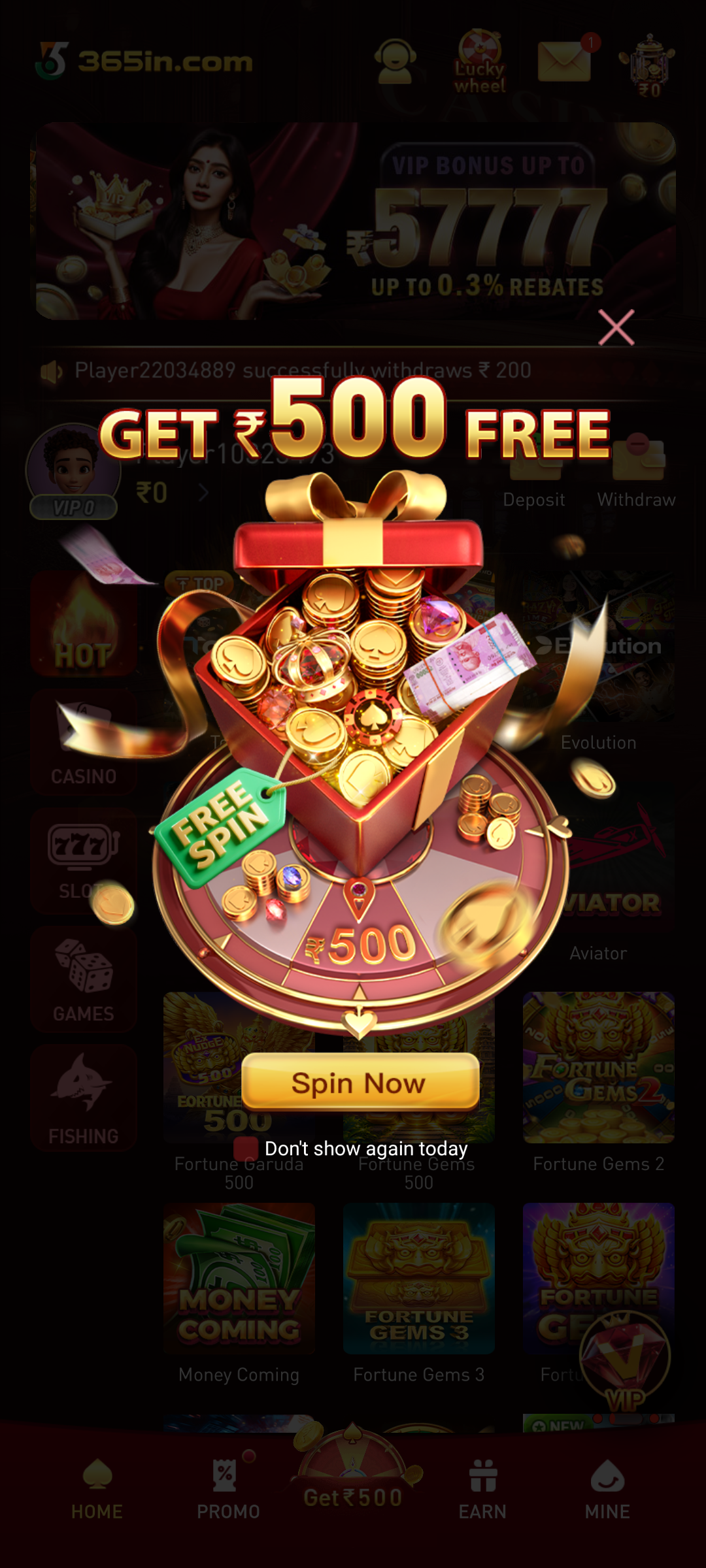 365IN game APK home screen and mobile dashboard